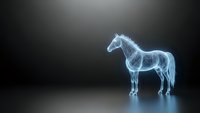 Glowing blue wireframe horse hologram on dark background with futuristic digital light effects for technology and innovation concepts.