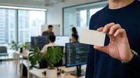 Man in dark navy shirt holding blank white business card in modern office environment with colleagues and computer monitors in background.