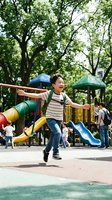 Happy Asian boy with backpack running joyfully at colorful playground with slides and climbing equipment surrounded by green trees on sunny day.
