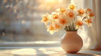 Fresh spring daffodils in ceramic vase on windowsill with soft morning sunlight creating warm atmospheric mood, romantic floral arrangement for home decor.