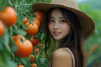 Young Asian woman in straw hat smiling among ripe tomato plants in garden. Natural sunlight illuminates fresh produce and creates warm agricultural scene.