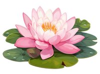 Pink water lily flower with green lily pads floating on water surface, detailed botanical illustration in soft pastel colors. Isolated on white background.