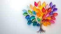Vibrant rainbow tree made from colorful paper leaves arranged in circular pattern on light background, creative paper art craft design for wall decoration.