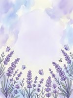 Watercolor lavender flowers frame with purple butterflies on soft pastel background for wedding invitations and romantic designs.