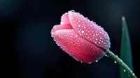 Pink tulip flower covered in morning dew drops against dark background, macro photography with shallow depth of field and soft bokeh effect.