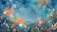 Watercolor floral background with golden ornamental flowers and teal blue dreamy sky, copy space for text, cards, and invitations.