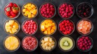 Fresh colorful fruits in glass bowls on dark background, including raspberries, blackberries, mango, kiwi, pineapple and grapefruit arranged in rows.