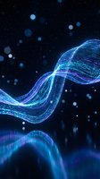 Digital wave flowing through cosmic space with glowing particles and stars creating futuristic data stream visualization for technology and science concepts.