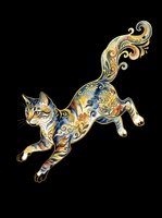 Ornate cat with decorative floral patterns in gold, blue, and cream tones, isolated on transparent background. Ready for t-shirt design, clipart, stickers, sublimation, and print-on-demand products.