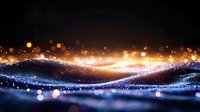 Magical glowing wave of sparkling blue particles with golden light streak and bokeh effects on dark background. Abstract festive design element.