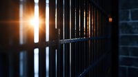 Metal prison bars in dark corridor with dramatic sunlight shining through, creating atmospheric shadows and silhouette effect for criminal justice concepts.