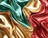 Luxurious flowing silk fabric in gold, emerald green and red creates elegant waves and folds with glossy metallic sheen. Abstract background for luxury design projects.