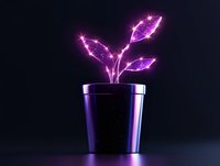 Glowing neon purple plant growing in metallic pot against dark background, magical luminescent flower stems emitting light and sparkles in minimal setting.