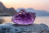 Raw amethyst crystal cluster on gray stone against blurred mountain lake landscape at sunset, showcasing natural purple mineral formation in warm light.