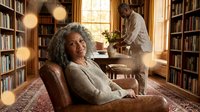 Elderly African American woman relaxing in leather chair while senior man arranges flowers in cozy home library with wooden bookshelves and warm lighting.