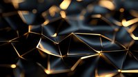 Dark geometric polygonal surface with golden glowing edges creates futuristic abstract background pattern. Modern tech network visualization concept.