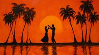 Romantic couple dancing silhouette at tropical sunset beach with palm trees reflection on water. Summer vacation romance concept for wedding invitations.