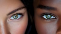 Close up of two women's eyes with striking green irises, one with light skin and one with dark skin, representing diversity and beauty in human features.