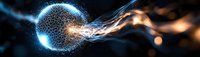 Glowing digital sphere with flowing energy stream against dark background, representing data transfer or technological breakthrough in quantum computing.