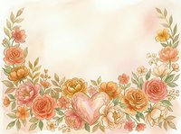 Watercolor floral frame with roses and heart on cream background for wedding invitations, greeting cards, romantic designs and feminine projects.