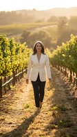 Professional businesswoman walking through vineyard rows at golden hour sunset wearing elegant blazer for corporate agriculture concepts.