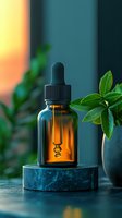 Amber glass dropper bottle with essential oil on stone podium, green plant leaves in background, warm sunset lighting creates moody wellness atmosphere.