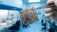 Scientist in laboratory holding microchip with tweezers for electronics research and semiconductor technology development in modern facility.