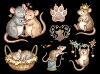 Cute cartoon mice clipart set isolated on transparent background, ready for stickers, t-shirt design, print on demand, sublimation, and nursery decor projects.