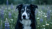 Border collie dog sitting in wildflower meadow with purple lupines and white daisies during golden hour creating peaceful pastoral scene for pet photography.