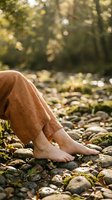 Barefoot woman in linen pants sitting on rocky forest ground with warm sunlight filtering through trees, peaceful nature connection and mindfulness moment.