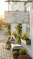 Rustic wooden sign hanging on chains outside charming white cottage with flower boxes, lanterns and cobblestone path creating cozy garden entrance atmosphere.