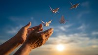 Open hands releasing colorful birds into sunset sky symbolizing freedom, hope and spiritual liberation against dramatic clouds.