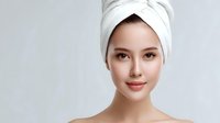 Young Asian woman wearing white towel on head after shower, fresh glowing skin, natural makeup, beauty and skincare concept on light background.
