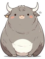 Adorable chubby gray bull character with white horns and pink cheeks in kawaii anime style, round fluffy body and innocent expression. For children books and merchandise.