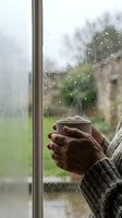 Elderly hands holding warm coffee cup by rainy window with water droplets, cozy indoor atmosphere during storm for comfort and relaxation concepts.