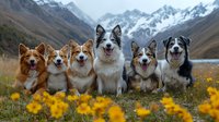 Happy Pembroke Welsh Corgi and Border Collie dogs sitting together in mountain meadow with yellow wildflowers against snowy peaks background in autumn landscape.