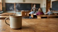 Steaming coffee mug on wooden desk in blurred classroom with teacher and students in background, academic learning environment for education concepts.