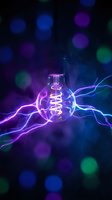 Electric lightbulb with purple and blue lightning bolts on dark background with colorful bokeh lights for creative energy and innovation concepts.