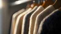 Cozy knitted sweaters hanging on wooden hangers in warm lighting, showcasing autumn winter fashion collection for retail display and seasonal wardrobe.