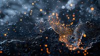 Water splash with glowing orange bokeh lights against dark background creates dramatic contrast and ethereal atmosphere for artistic compositions.