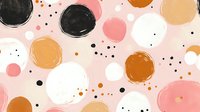 Playful polka dot pattern in coral pink, brown, white and black circles with scattered tiny dots creates modern abstract seamless background for fabric and decor.
