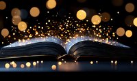 Open book with magical glowing golden bokeh lights and sparkles floating above pages against dark background, creating mystical literary atmosphere.