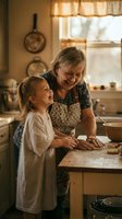 Grandmother and granddaughter baking together in warm kitchen, teaching cooking skills, family bonding time, homemade bread preparation, intergenerational learning.