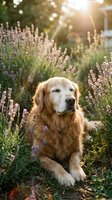 Golden retriever dog sitting peacefully in blooming lavender field during golden hour sunset with warm sunlight and lens flare creating dreamy atmosphere.