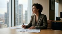 Thoughtful young Caucasian businesswoman sitting at office desk with documents, looking through window at city skyline, holding pen.