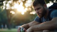 Young Caucasian man with red beard in casual clothing sitting outdoors at sunset, contemplative expression while holding beverage can, bokeh background creates moody atmosphere.