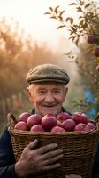 Happy elderly Caucasian farmer holding wicker basket full of fresh red apples during golden hour harvest time in orchard with warm sunlight filtering through trees.