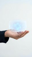 Businessman hand holding holographic digital interface with glowing blue technology elements for futuristic business presentations and innovation concepts.