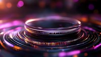 Futuristic metallic rings with purple and pink neon lights creating dynamic circular patterns against dark background. Abstract technology concept for presentations.