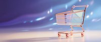 Golden shopping cart on futuristic purple background with glowing lights for e-commerce and retail technology concepts.